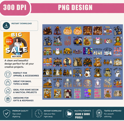56 PNG Halloween PNG Bundle, Cute Ghost, Pumpkin, Black Cat, Witch, Spooky Season Shirt Designs, Fall Sublimation, Printable Digital Download