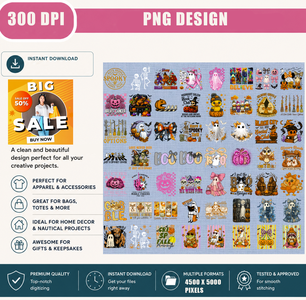 56 + Halloween & Fall PNG Bundle, Cute Ghost, Pumpkin, Witch, Black Cat, Autumn Shirt Designs, Spooky Season Printable Digital Download