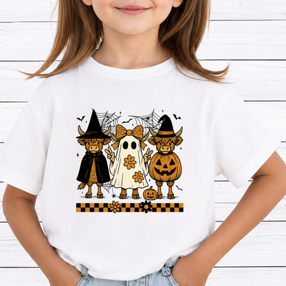 Groovy Highland Cows Halloween PNG Sublimation Design - Cute Coquette Ghost Witch Pumpkin Cow Digital File (4500x5000px, 300 DPI Transparent PNG)