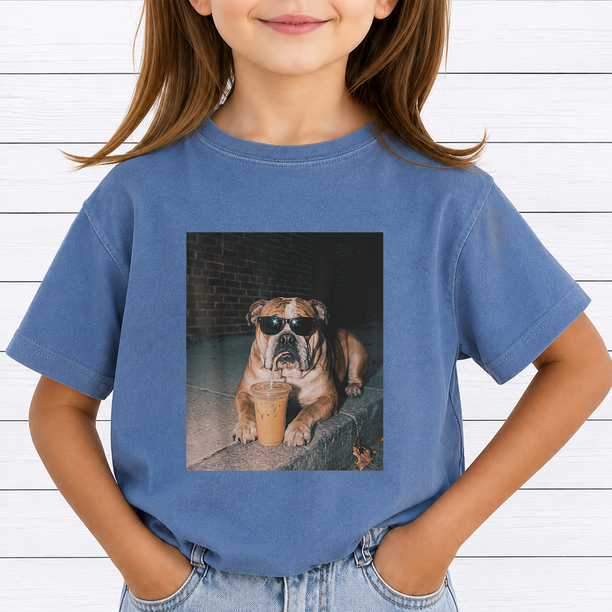 Cool English Bulldog Drinking Iced Coffee PNG Sublimation Design - Dog Lover Sunglasses Streetwear Digital File (4500x5000px, 300 DPI Transparent PNG)