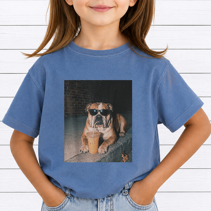 Cool English Bulldog Drinking Iced Coffee PNG Sublimation Design - Dog Lover Sunglasses Streetwear Digital File (4500x5000px, 300 DPI Transparent PNG)