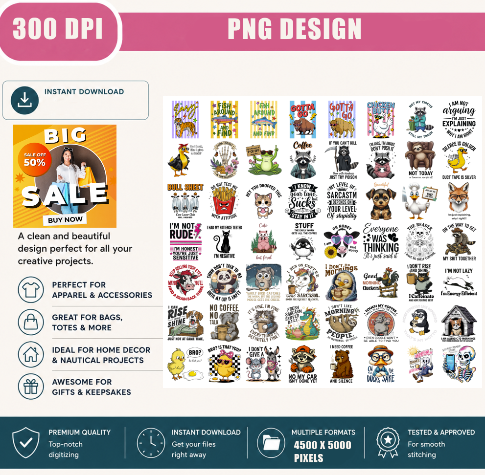 Funny Animal PNG Bundle, Sarcastic Quotes, Coffee Humor, Raccoon Duck Cat Dog Shirt Designs, Sublimation PNG Digital Download