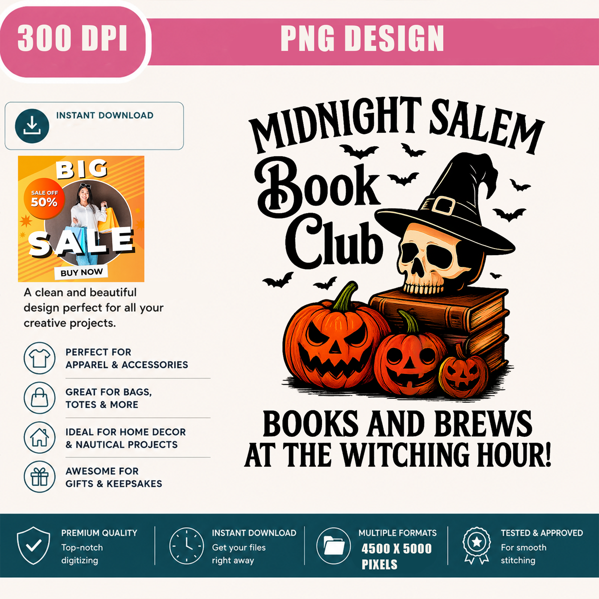 Spooky Bookworm PNG Sublimation Design - Dark Academia Witch Hat Skull Vintage Books Pumpkin Digital File (4500x5000px, 300 DPI Transparent PNG)