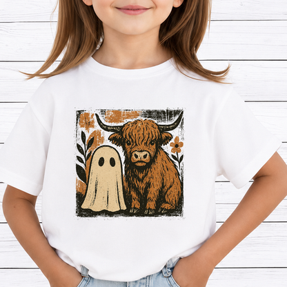 Spooky Highland Cow PNG Sublimation Design - Vintage Western Ghost Farmhouse Halloween Digital File (4500x5000px, 300 DPI Transparent PNG)