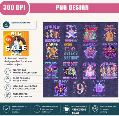 15 + Birthday PNG Bundle, Cute Kawaii Birthday Shirt Designs, Kids Birthday Party Sublimation Collection, Printable Digital Download
