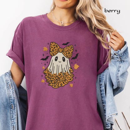 Cute Ghost with Leopard Bow Embroidery Design, Halloween Ghost Machine Embroidery File, Leopard Print Ghost, PES DST EXP JEF VP3 HUS XXX