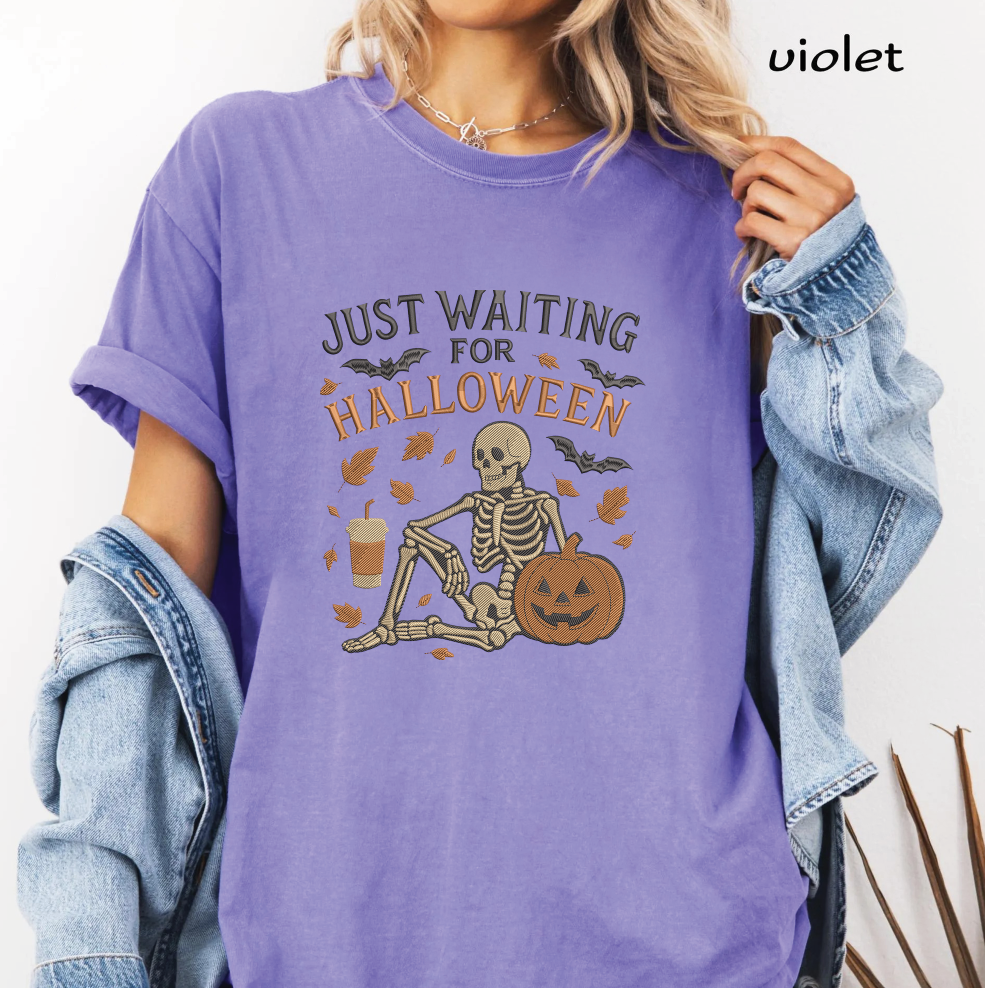 Just Waiting for Halloween Embroidery Design, Skeleton with Pumpkin Machine Embroidery File, Funny Halloween Quote, PES DST EXP JEF VP3 HUS XXX
