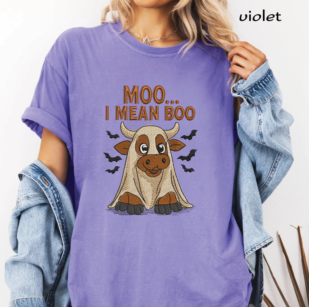 Moo I Mean Boo Cow Ghost Embroidery Design, Cute Halloween Cow Machine Embroidery File, Funny Farm Animal Embroidery Pattern, PES DST EXP JEF VP3 HUS XXX