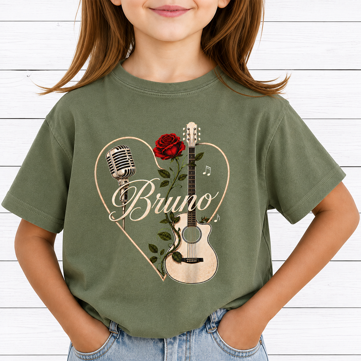 Bruno Concert PNG Sublimation Design - Vintage Acoustic Guitar Red Rose Microphone Heart Digital File (4500x5000px, 300 DPI Transparent PNG)