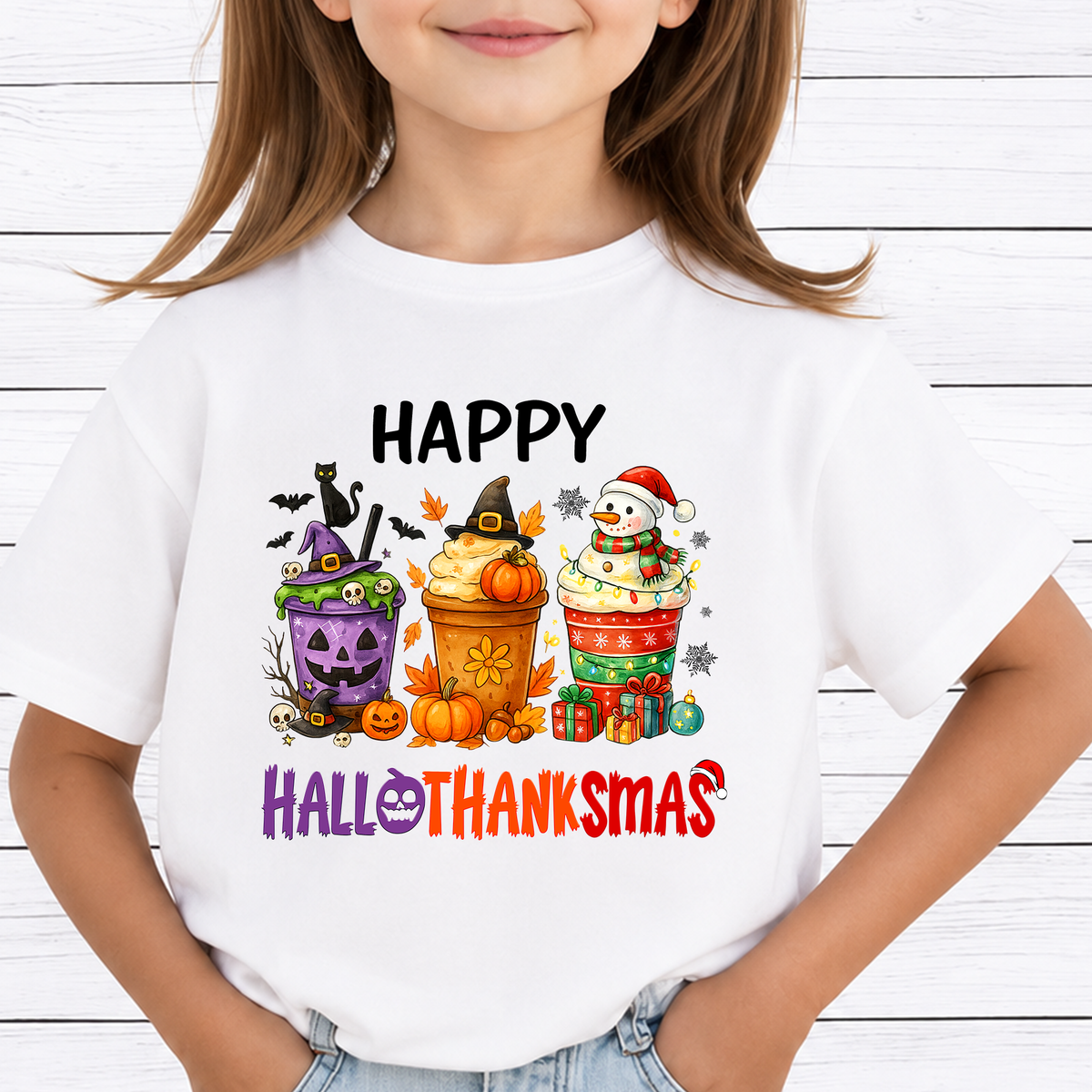 Hallothanksmas PNG Sublimation Design - Holiday Coffee Cups Halloween Thanksgiving Christmas Digital File (4500x5000px, 300 DPI Transparent PNG)