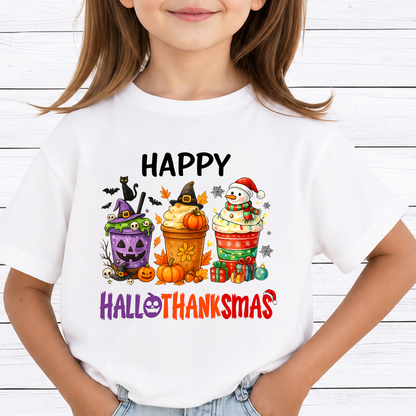 Hallothanksmas PNG Sublimation Design - Holiday Coffee Cups Halloween Thanksgiving Christmas Digital File (4500x5000px, 300 DPI Transparent PNG)