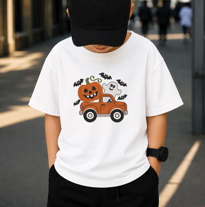 Halloween Pumpkin Truck Embroidery Design, Vintage Pickup with Ghost & Jack O Lantern Machine Embroidery File, PES DST EXP JEF VP3 HUS XXX