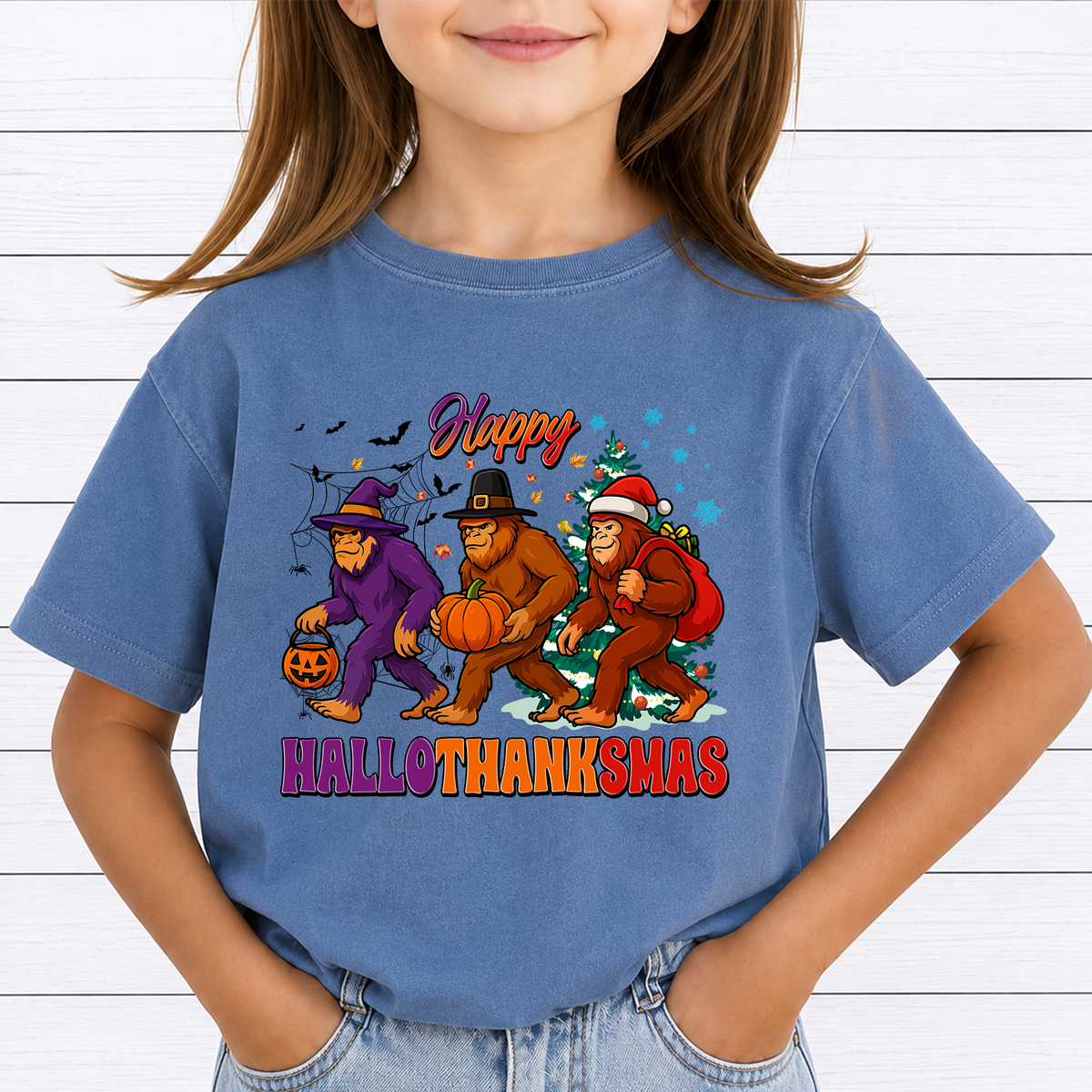 Bigfoot Hallothanksmas PNG Sublimation Design - Happy Hallothanksmas Sasquatch Halloween Thanksgiving Christmas Digital File (4500x5000px, 300 DPI Transparent PNG)
