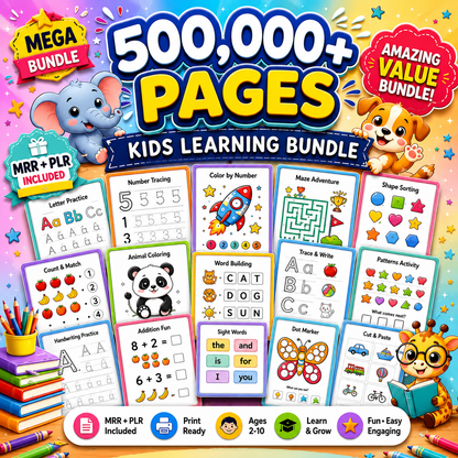 500,000+ Kids Educational Worksheets PDF Bundle - Alphabet, Math & Shapes - MRR & PLR Included