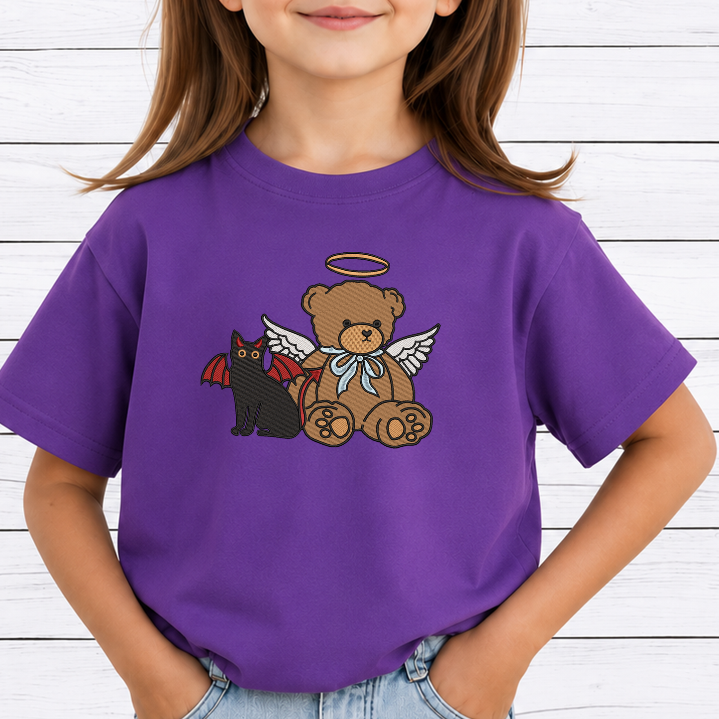 Angel Bear and Devil Cat Machine Embroidery Design - Cute Good vs Evil Halloween Digital File (4in, 5in, 7in, 9in) - EMB, DST, JEF, EXP, PES, VP3, HUS, XXX