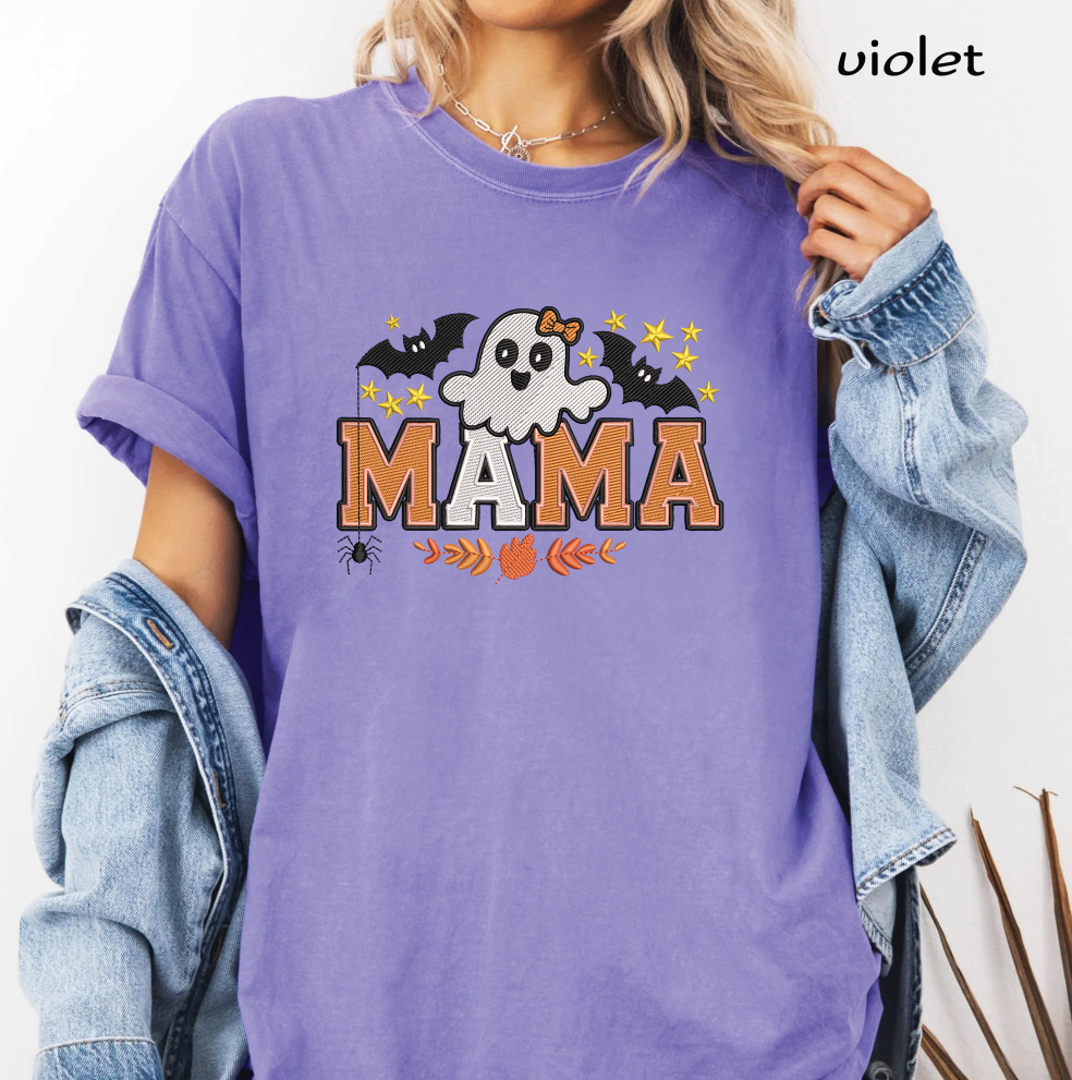 Halloween Mama Ghost Embroidery Design, Cute Mama Machine Embroidery File, Ghost with Bow, Bats & Fall Leaves, PES DST EXP JEF VP3 HUS XXX
