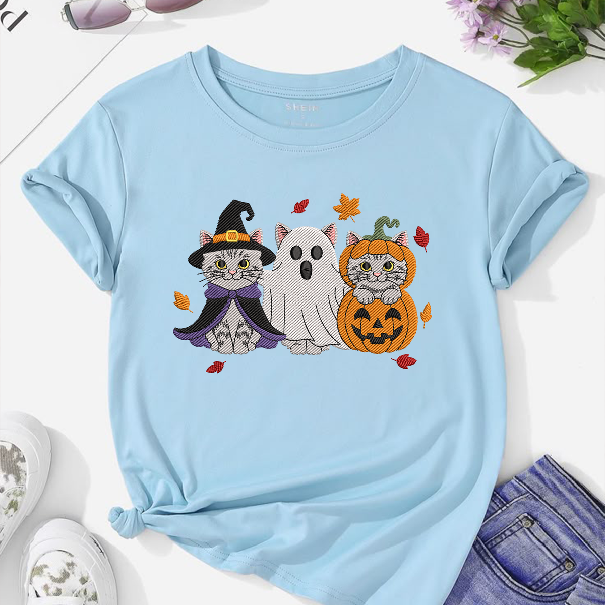 Halloween Cats Trio Machine Embroidery Design - Witch Ghost Pumpkin Kitten Digital File (4in, 5in, 7in, 9in) - EMB, DST, JEF, EXP, PES, VP3, HUS, XXX