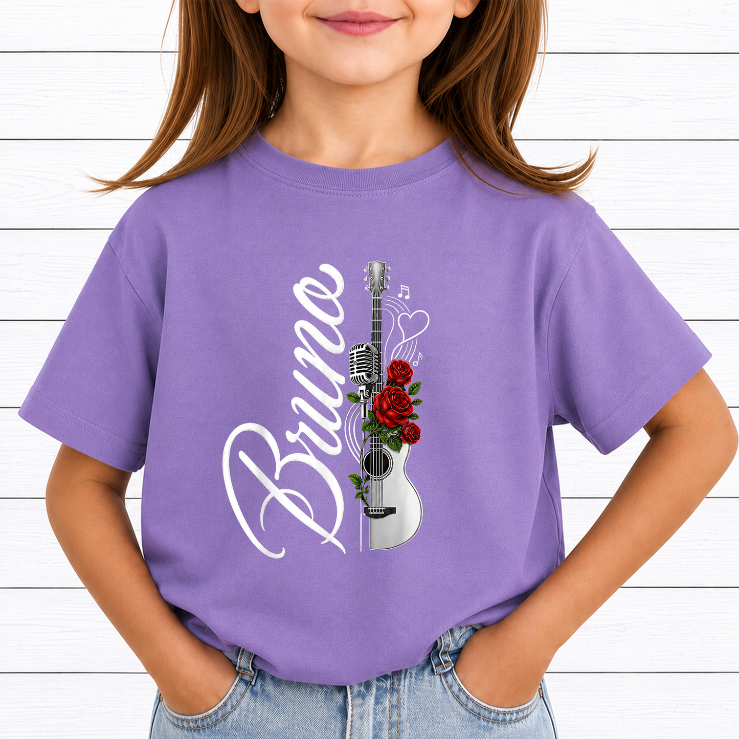 Bruno Concert PNG Sublimation Design - Vertical Script Acoustic Guitar Red Rose Microphone Digital File (4500x5000px, 300 DPI Transparent PNG)