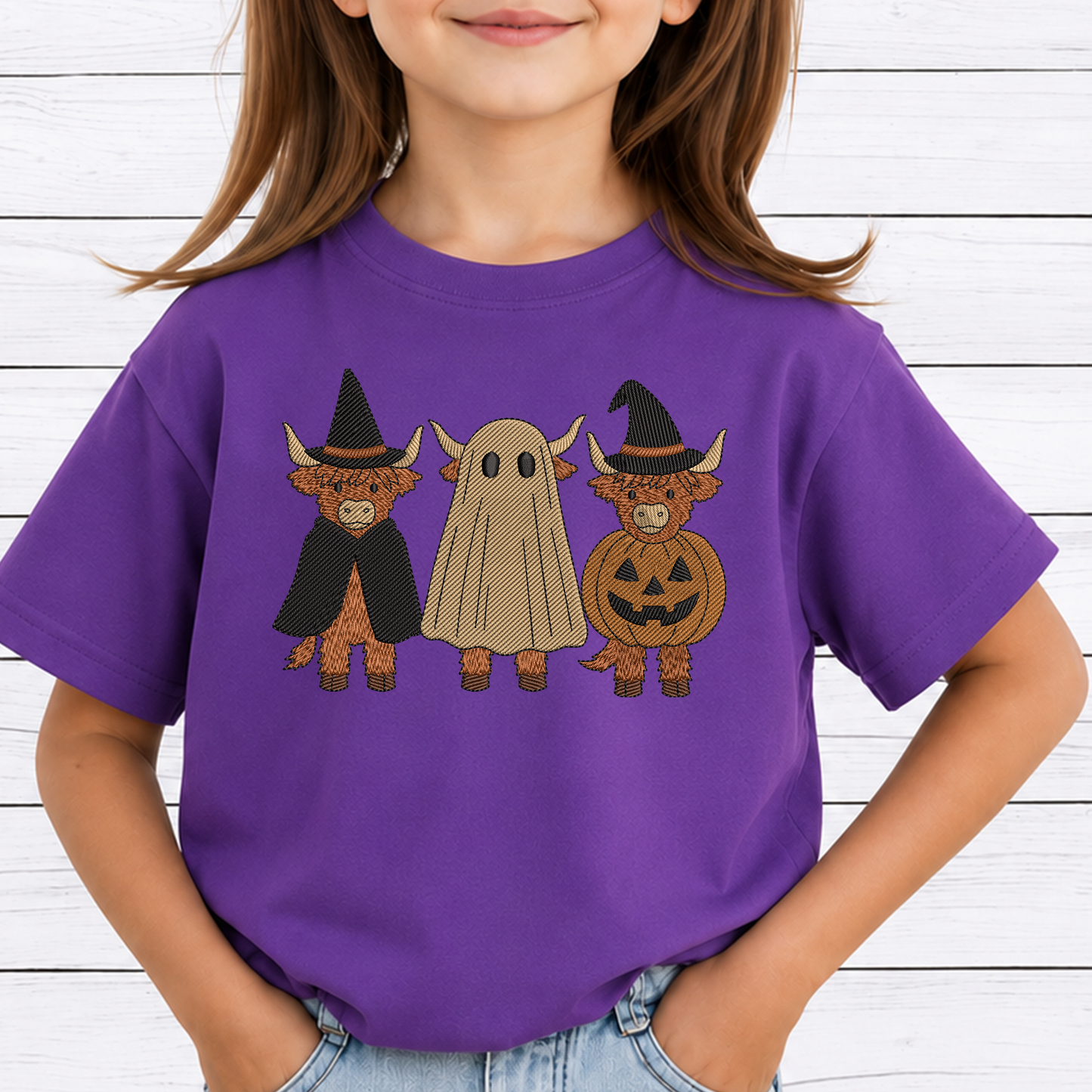 Halloween Highland Cows Trio Machine Embroidery Design - Spooky Farmhouse Ghost Pumpkin Digital File (4in, 5in, 7in, 9in) - EMB, DST, JEF, EXP, PES, VP3, HUS, XXX