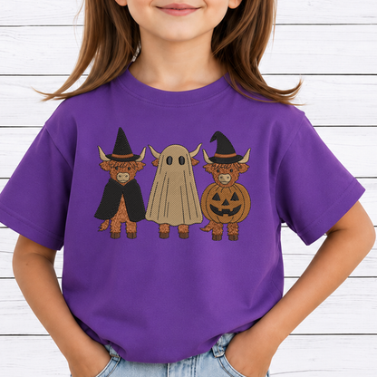 Halloween Highland Cows Trio Machine Embroidery Design - Spooky Farmhouse Ghost Pumpkin Digital File (4in, 5in, 7in, 9in) - EMB, DST, JEF, EXP, PES, VP3, HUS, XXX