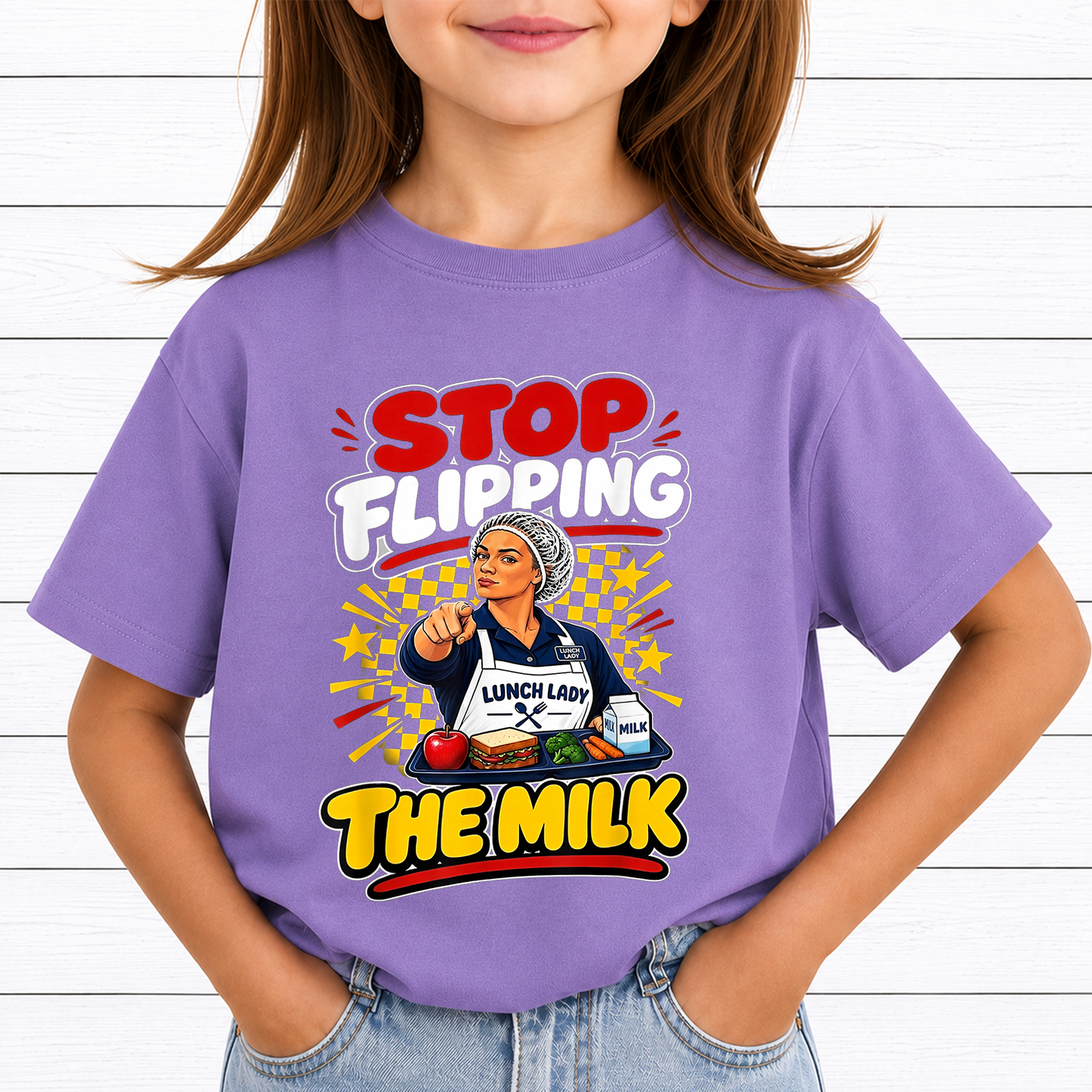 Stop Flipping The Milk PNG Sublimation Design - Funny Lunch Lady School Cafeteria Worker Digital File (4500x5000px, 300 DPI Transparent PNG)