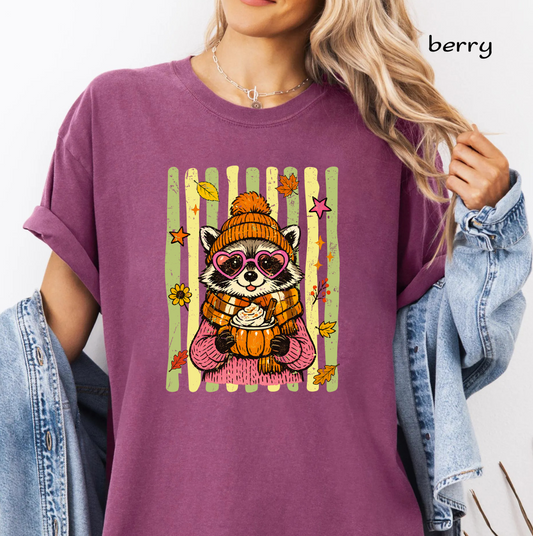 Cute Raccoon Fall PNG, Cozy Autumn Raccoon with Pumpkin Latte, Pumpkin Spice Coffee, Fall Sublimation Design, Digital Download