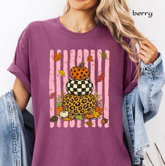 Vintage Fall Pumpkin PNG, Pink Stripe Background, Leopard Print Pumpkin, Buffalo Plaid Pumpkin, Autumn Leaves, Thanksgiving Sublimation Design