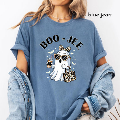 Boojee Ghost PNG Sublimation Design - Trendy Leopard Bow Iced Coffee Glasses Halloween Digital File (4500x5000px, 300 DPI Transparent PNG)