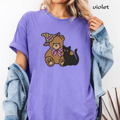 Witch Teddy Bear and Black Cat Machine Embroidery Design - Cute Pink Bow Halloween Digital File (4in, 5in, 7in, 9in) - EMB, DST, JEF, EXP, PES, VP3, HUS, XXX
