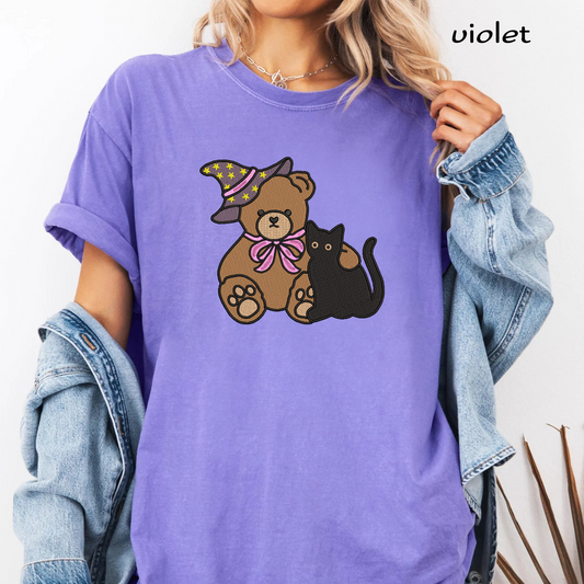 Witch Teddy Bear and Black Cat Machine Embroidery Design - Cute Pink Bow Halloween Digital File (4in, 5in, 7in, 9in) - EMB, DST, JEF, EXP, PES, VP3, HUS, XXX