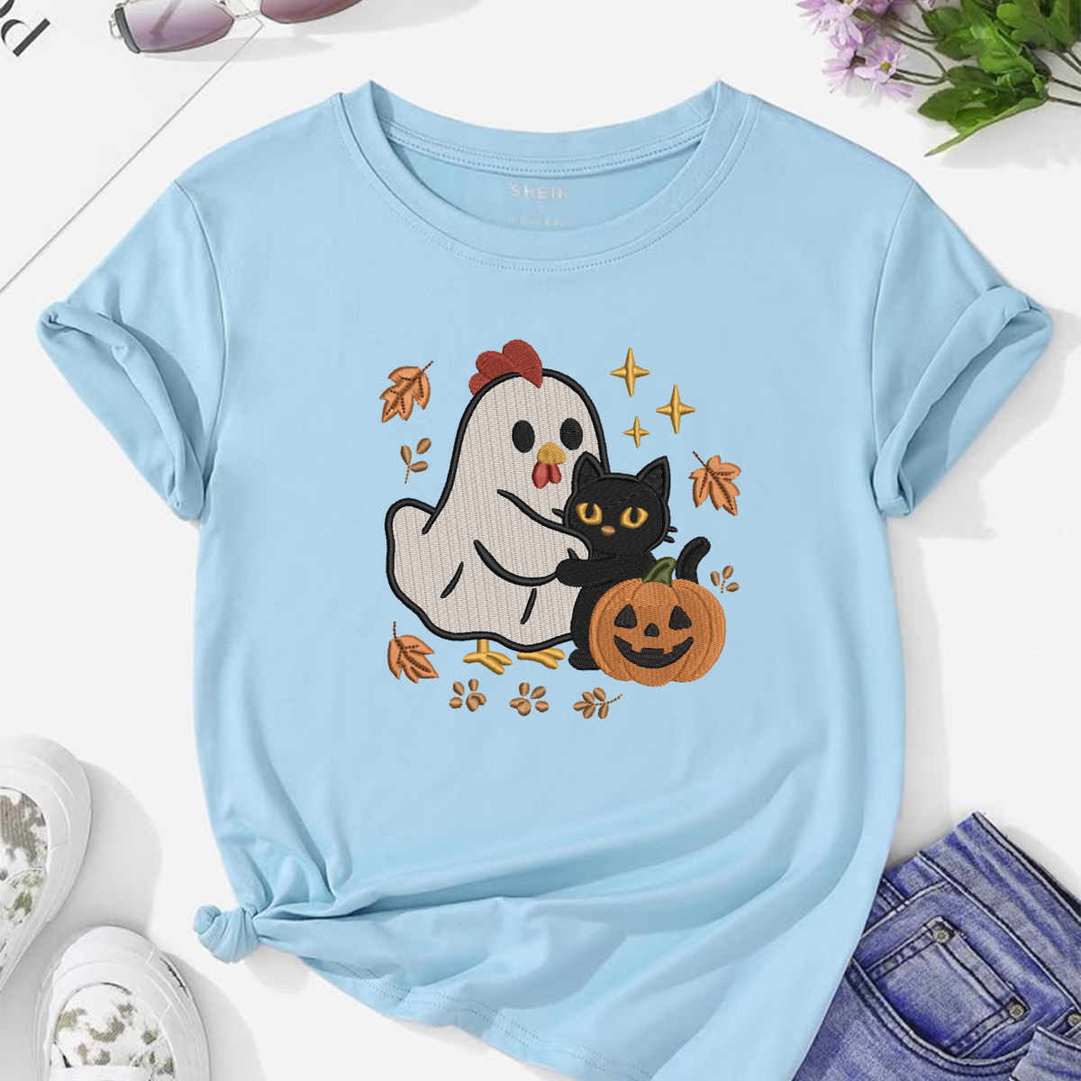 Ghost Chicken Black Cat Machine Embroidery Design - Spooky Farmhouse Pumpkin Digital File (4in, 5in, 7in, 9in) - EMB, DST, JEF, EXP, PES, VP3, HUS, XXX