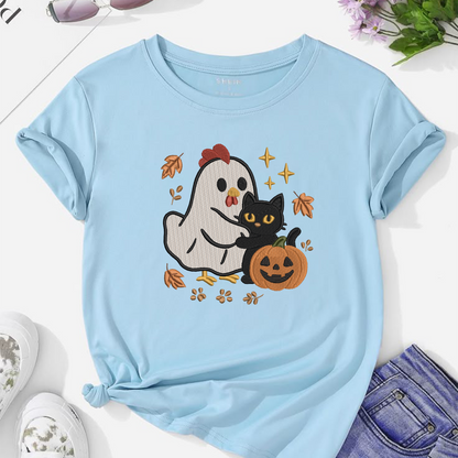 Ghost Chicken Black Cat Machine Embroidery Design - Spooky Farmhouse Pumpkin Digital File (4in, 5in, 7in, 9in) - EMB, DST, JEF, EXP, PES, VP3, HUS, XXX