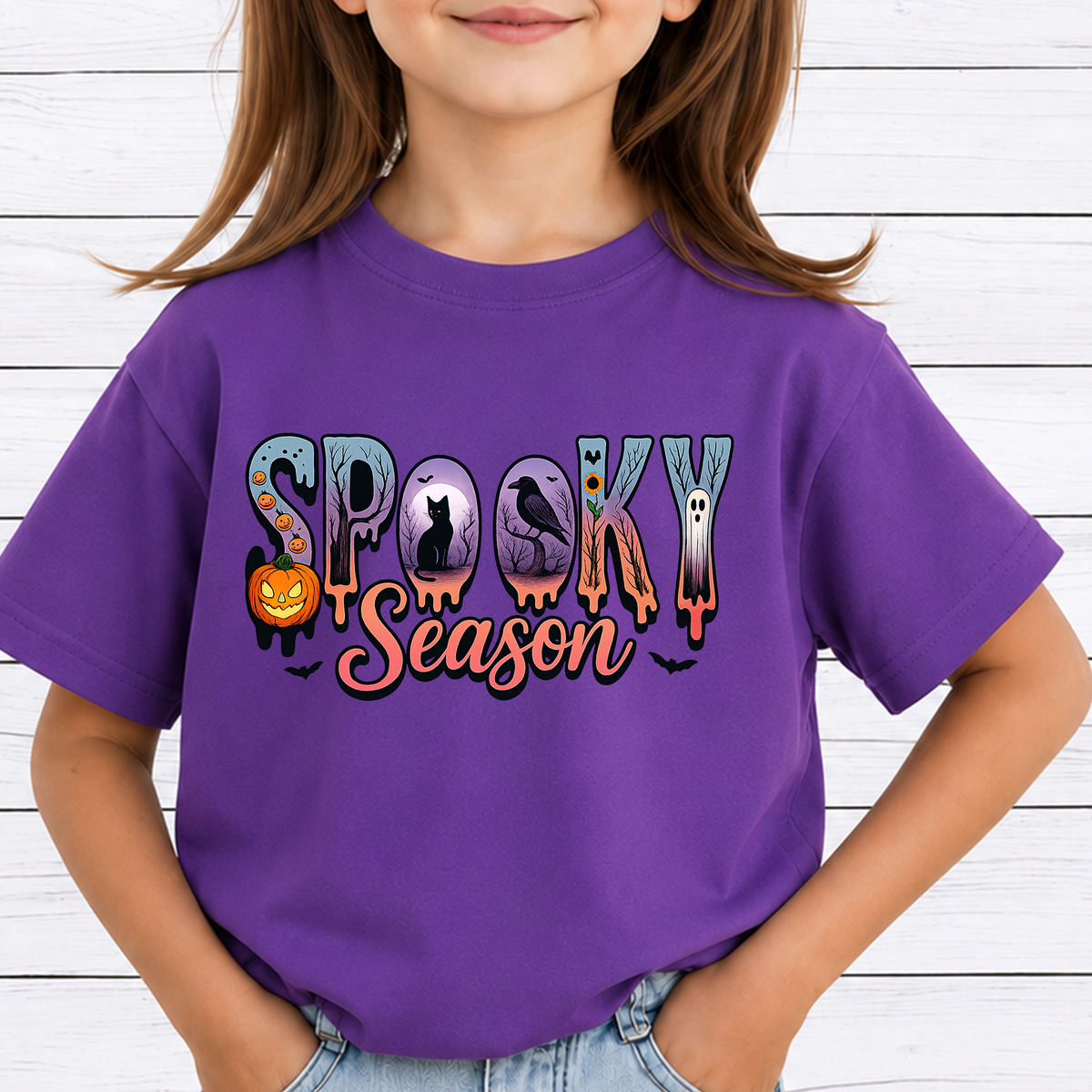 Spooky Season PNG Sublimation Design - Retro Halloween Shirt Digital Download - Ghost Pumpkin Black Cat Raven 300 DPI PNG File