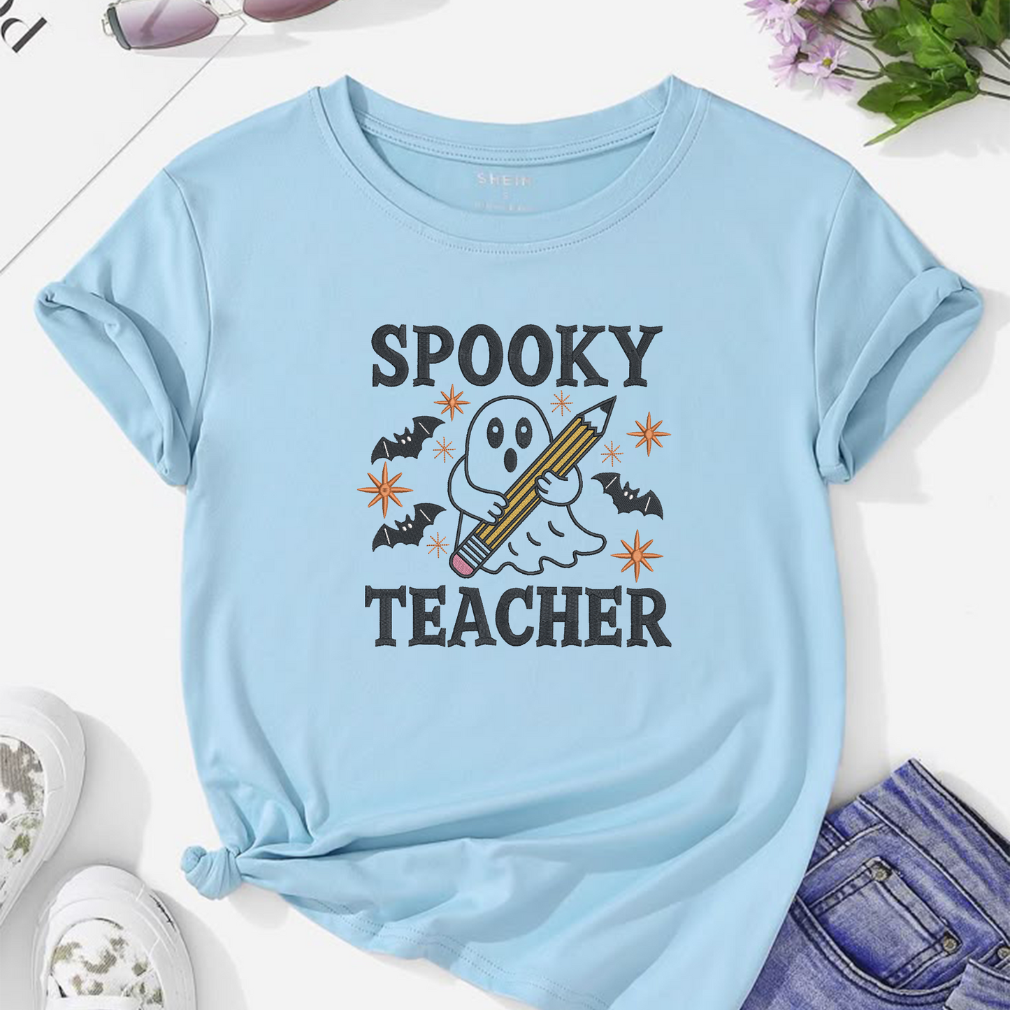 Spooky Teacher Ghost Machine Embroidery Design - Halloween Teacher Pencil Digital File (4in, 5in, 7in, 9in) - EMB, DST, JEF, EXP, PES, VP3, HUS, XXX