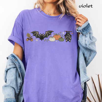 Bats and Pumpkins Neckline Border Machine Embroidery Design - Vintage Fall Halloween Sweatshirt Line Digital File (4in, 5in, 7in, 9in) - EMB, DST, JEF, EXP, PES, VP3, HUS, XXX