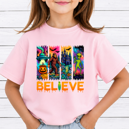 Believe Alien UFO PNG Sublimation Design - Psychedelic Retro Bigfoot Haunted Castle Pumpkin Halloween Digital File (4500x5000px, 300 DPI Transparent PNG)