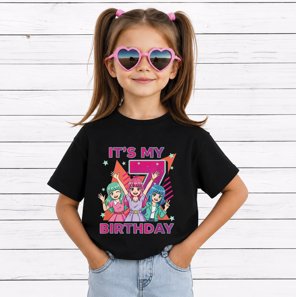 It's My 7th Birthday PNG, Cute Kawaii Birthday Girl, Anime Style Kids Party Shirt Design, Printable Digital Download