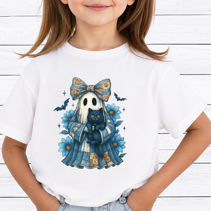 Blue Coquette Ghost PNG Sublimation Design - Vintage Floral Patchwork Sheet Ghost Black Cat Daisy Digital File (4500x5000px, 300 DPI Transparent PNG)
