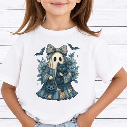 Blue Coquette Ghost PNG Sublimation Design - Vintage Floral Patchwork Sheet Ghost Black Cat Pumpkin Bucket Digital File (4500x5000px, 300 DPI Transparent PNG)