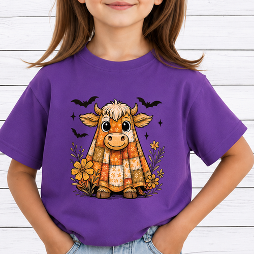 Cute Ghost Highland Cow PNG Sublimation Design - Floral Patchwork Sheet Ghost Halloween Digital File (4500x5000px, 300 DPI Transparent PNG)