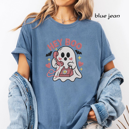 Hey Boo Ghost Embroidery Design, Cute Ghost with Pink Vintage Telephone Machine Embroidery File, Halloween, PES DST EXP JEF VP3 HUS XXX