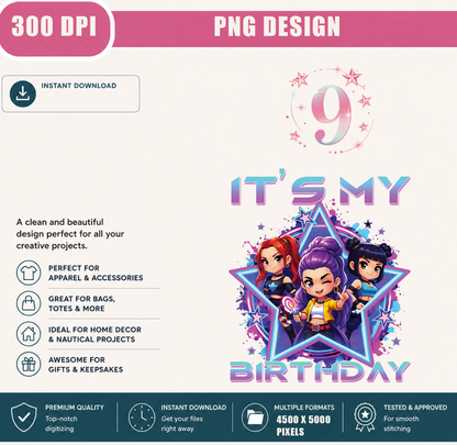 It's My 9th Birthday PNG, Cute Chibi Birthday Girl, Kawaii Anime Party Shirt Design, Printable PNG Digital Download