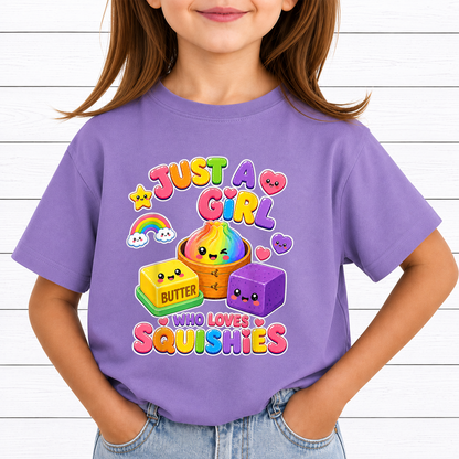 Just A Girl Who Loves Squishies PNG Sublimation Design - Cute Kawaii Rainbow Dumpling Butter Toy Kids Shirt Digital File (4500x5000px, 300 DPI Transparent PNG)