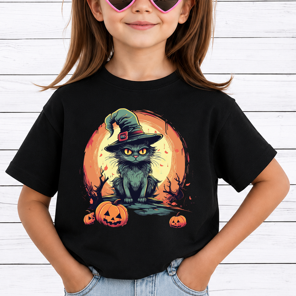 Vintage Witch Black Cat PNG Sublimation Design - Spooky Cat Mom Full Moon Pumpkin Halloween Digital File (4500x5000px, 300 DPI Transparent PNG)