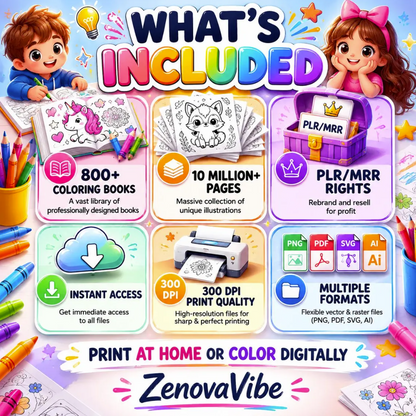 10 Million+ Kids Coloring Pages Printable PDF Bundle - MRR & PLR Included for Resell