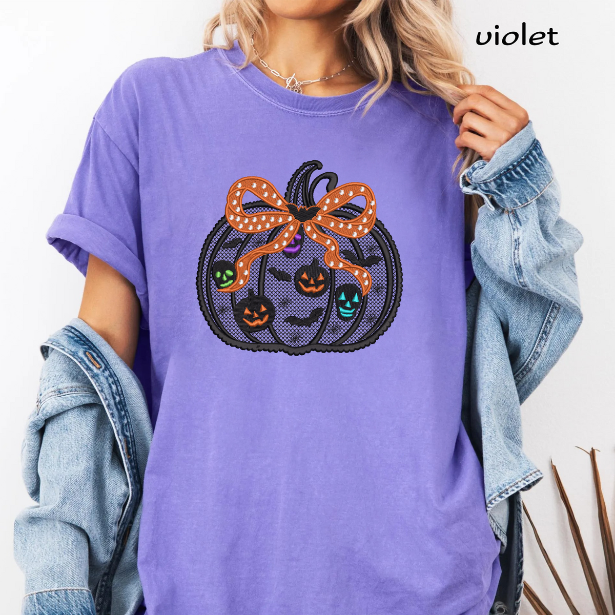 Spooky Lace Pumpkin with Bow Machine Embroidery Design - Colorful Neon Skull & Pumpkin Digital File (4in, 5in, 7in, 9in) - EMB, DST, JEF, EXP, PES, VP3, HUS, XXX