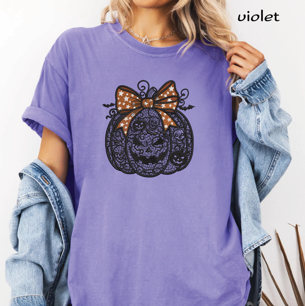 Halloween Pumpkin Lace Bow Embroidery Design, Spooky Jack O Lantern Machine Embroidery File, Bat & Skull Embroidery Pattern, PES DST EXP JEF VP3 HUS XXX