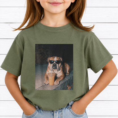 Cool English Bulldog Drinking Iced Coffee PNG Sublimation Design - Dog Lover Sunglasses Streetwear Digital File (4500x5000px, 300 DPI Transparent PNG)