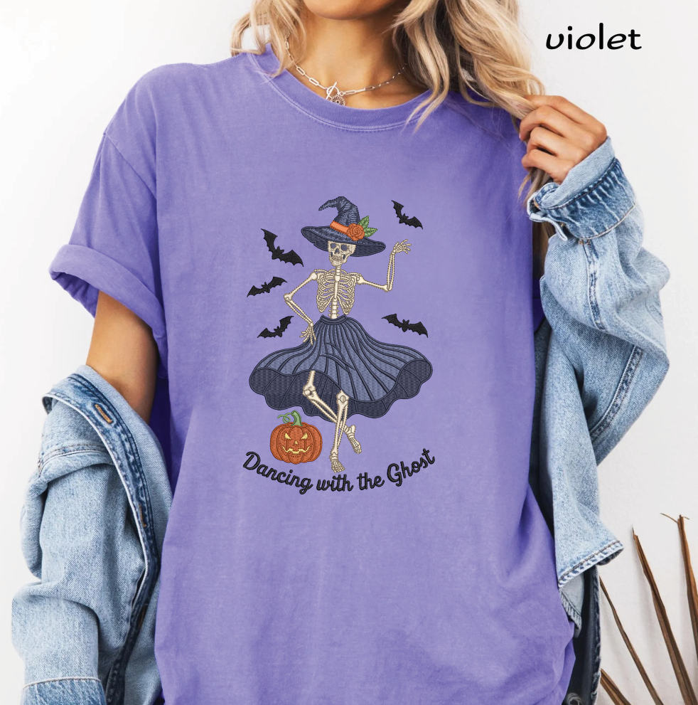 Dancing with the Ghost Skeleton Witch Embroidery Design, Halloween Skeleton Lady Machine Embroidery File, Pumpkin, PES DST EXP JEF VP3 HUS XXX