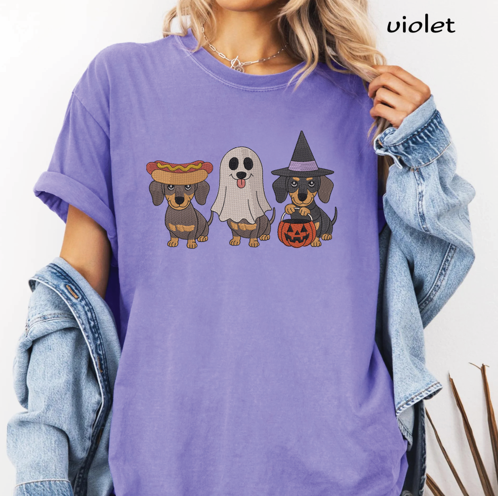Halloween Dachshund Embroidery Design Bundle, Ghost Dog, Witch Dog & Hot Dog Doxie Machine Embroidery File, PES DST EXP JEF VP3 HUS XXX
